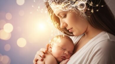 New mother holding baby with artistic brain neural pathway overlay representing postpartum neurobiology changes