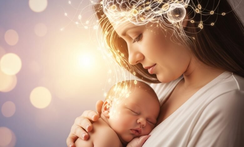 New mother holding baby with artistic brain neural pathway overlay representing postpartum neurobiology changes