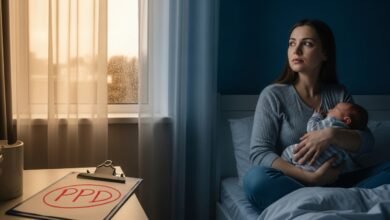 A tired new mother holding her baby in a nursery with PPD written on a medical clipboard nearby