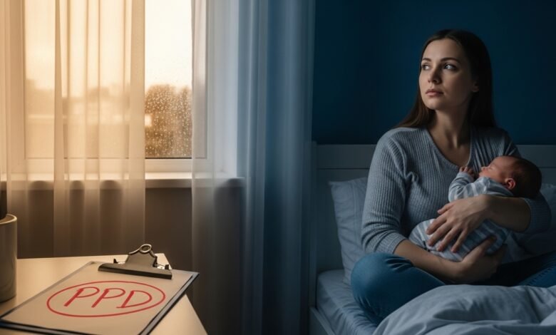 A tired new mother holding her baby in a nursery with PPD written on a medical clipboard nearby
