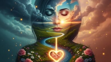 Double exposure art of mother with peaceful face and river landscape inside her silhouette with glowing baby near her heart representing postpartum recovery