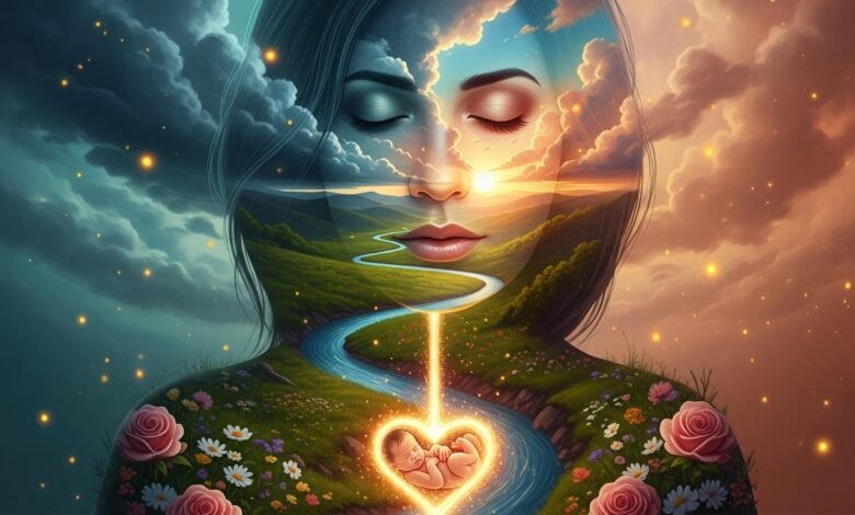 Double exposure art of mother with peaceful face and river landscape inside her silhouette with glowing baby near her heart representing postpartum recovery