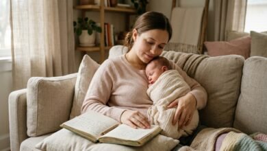 A new mother holding her sleeping baby while journaling on a couch, representing the journey of CBT for postpartum anxiety