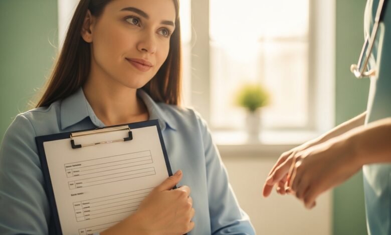 A new mother sitting in a bright doctor's office holding a clipboard with the Edinburgh Postnatal Depression Scale questionnaire looking thoughtful and hopeful