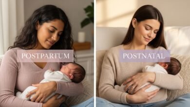 Two new mothers holding babies representing postpartum vs postnatal terminology difference