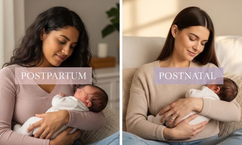 Two new mothers holding babies representing postpartum vs postnatal terminology difference