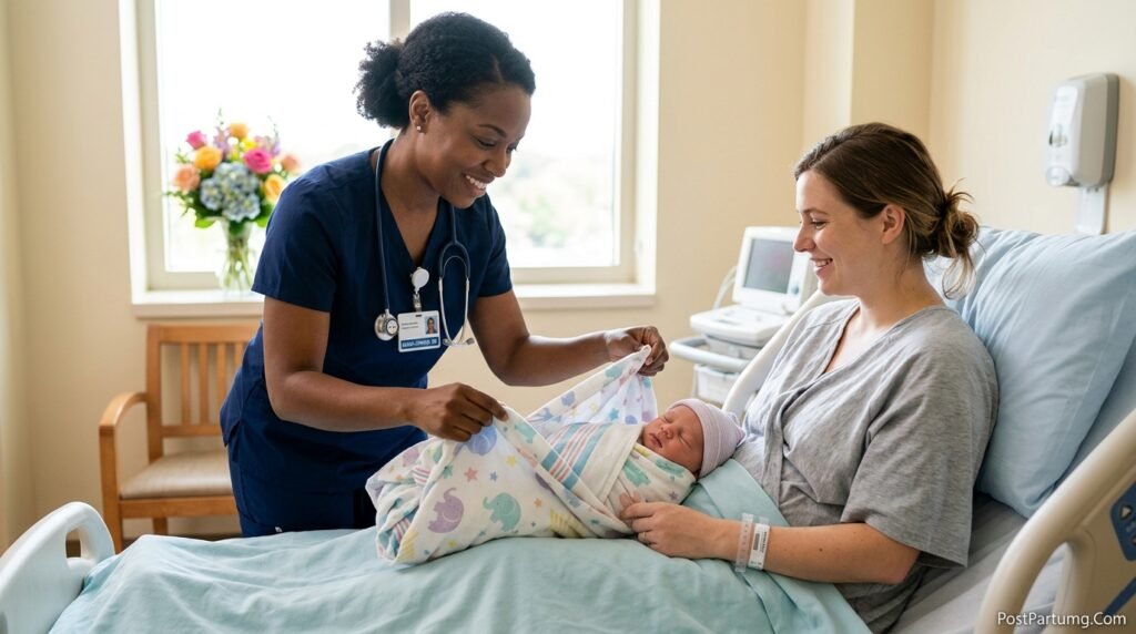 Professional postpartum nurse providing expert maternal care and newborn assessment in contemporary hospital maternity ward