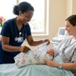Professional postpartum nurse providing expert maternal care and newborn assessment in contemporary hospital maternity ward