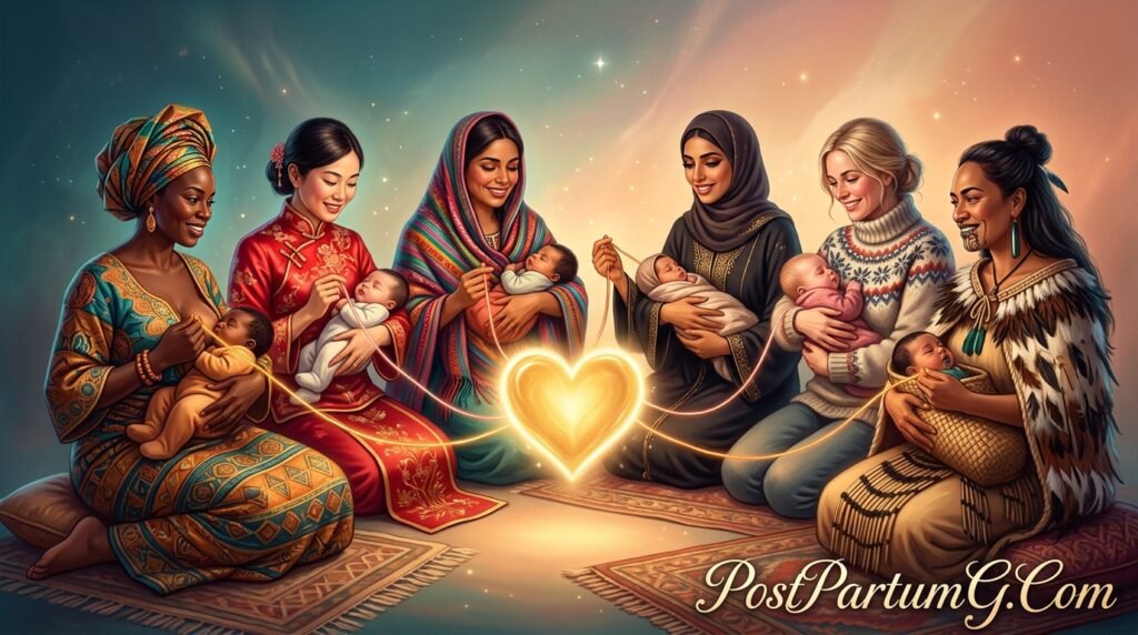 Six mothers from different cultures connected by glowing threads to symbolize global postpartum depression support and cultural perspectives on maternal mental health