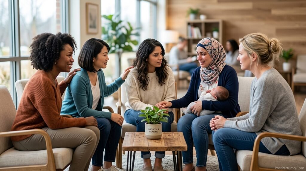 Diverse group of mothers sitting in supportive circle during postpartum support group meeting, showing genuine connection and emotional support