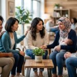 Diverse group of mothers sitting in supportive circle during postpartum support group meeting, showing genuine connection and emotional support