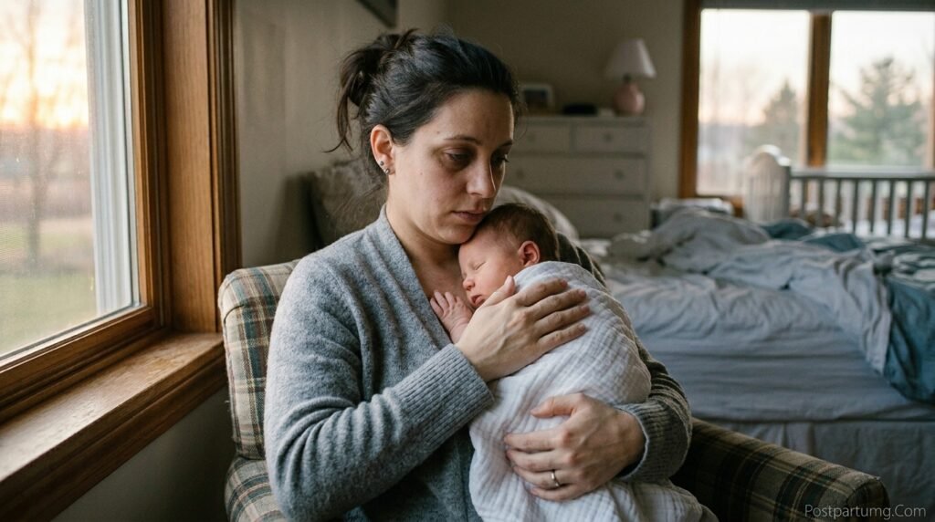 A tired mother holds her sleeping newborn while looking anxious and overwhelmed at dawn, depicting the invisible struggle of postpartum anxiety disorder.