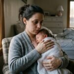 A tired mother holds her sleeping newborn while looking anxious and overwhelmed at dawn, depicting the invisible struggle of postpartum anxiety disorder.