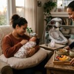 New mother resting peacefully while receiving postpartum care and emotional support from doula
