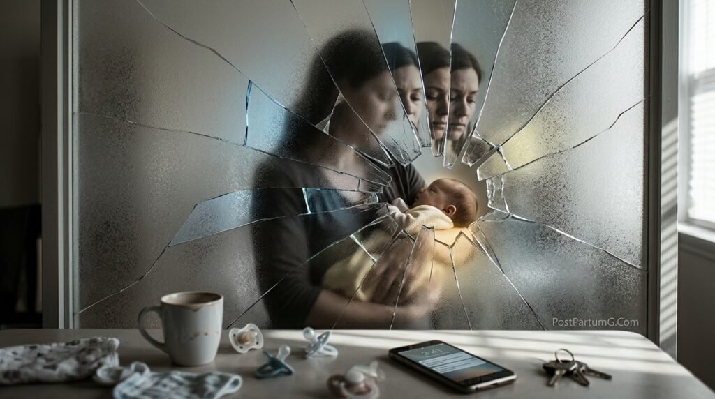 Abstract visual metaphor of postpartum depression showing fragmented light and maternal disconnection