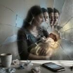 Abstract visual metaphor of postpartum depression showing fragmented light and maternal disconnection