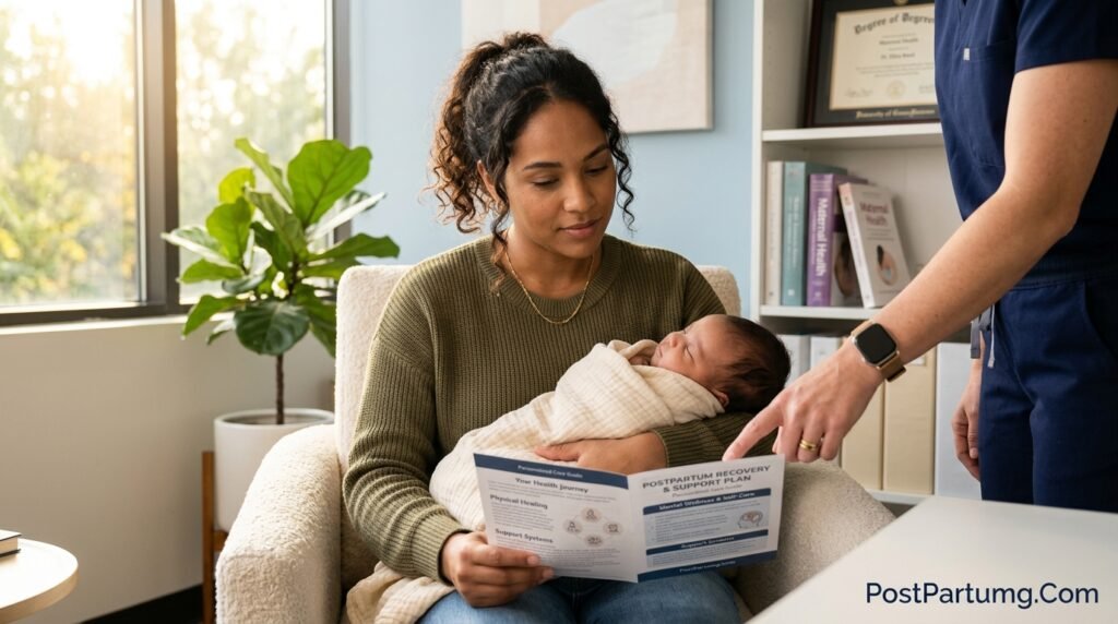 New mother sitting in bright sunlight holding baby while looking at treatment plan document with healthcare provider's hand visible offering support
