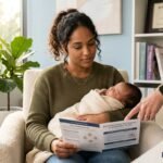 New mother sitting in bright sunlight holding baby while looking at treatment plan document with healthcare provider's hand visible offering support