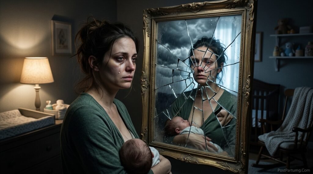 Conceptual art of a mother with a fractured mirror reflection, symbolizing the hidden and delayed postpartum depression symptoms beyond childbirth.