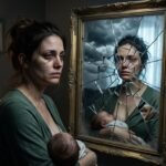 Conceptual art of a mother with a fractured mirror reflection, symbolizing the hidden and delayed postpartum depression symptoms beyond childbirth.