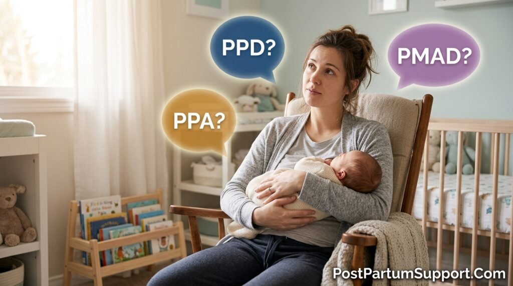 Confused new mother holding baby while surrounded by floating medical acronyms PPD PPA PMAD with question marks illustrating postpartum mental health terminology confusion