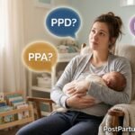 Confused new mother holding baby while surrounded by floating medical acronyms PPD PPA PMAD with question marks illustrating postpartum mental health terminology confusion