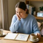 Confused new mother looking at postpartum mental health acronyms PPD PPA PMAD written on notebook with baby items in background