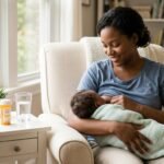 Serene mother peacefully breastfeeding her newborn baby while holding medication bottle, symbolizing safe postpartum depression treatment while nursing