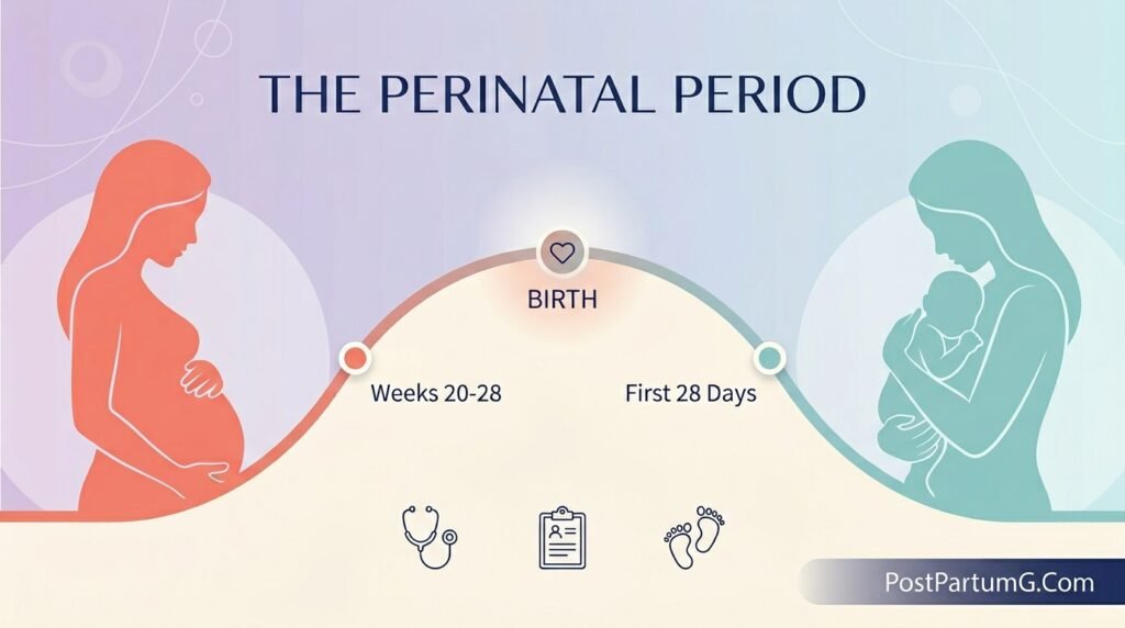 Illustrated timeline showing perinatal period spanning late pregnancy through postpartum with mother silhouette and baby