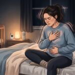 A new mother sitting on a bed pressing her hand on her chest and stomach showing postpartum anxiety physical symptoms like heart palpitations and nausea with faint glowing stress lines radiating from her body