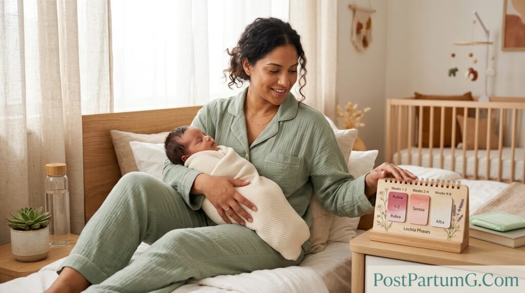 New mother resting peacefully in bed holding calendar with gentle bleeding timeline illustration overlaid showing natural postpartum recovery phases