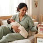 New mother resting peacefully in bed holding calendar with gentle bleeding timeline illustration overlaid showing natural postpartum recovery phases
