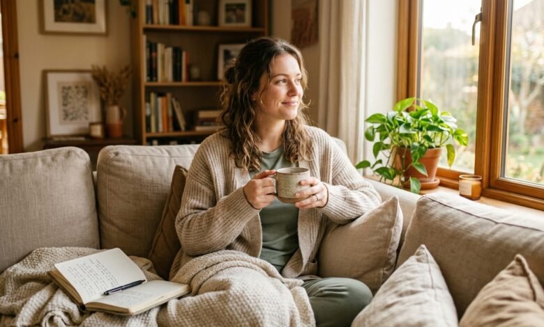 A calm mother sitting by a sunlit window holding tea and journaling as part of postpartum depression treatment without medication