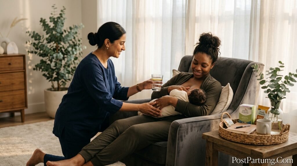 Professional postpartum doula helping exhausted new mother with newborn care while ensuring maternal rest and emotional support