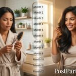 Split-screen composition showing concerned new mother examining hair loss in shower on left side, transitioning to confident mother with recovered full hair volume on right side, warm natural lighting, emotional connection visual