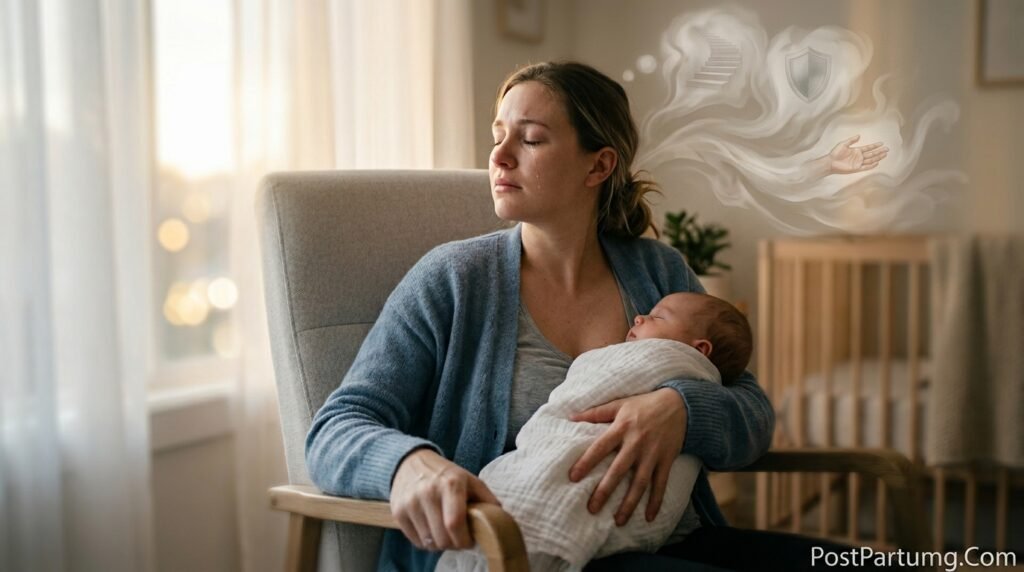 Mother experiencing postpartum OCD with intrusive thoughts while holding newborn baby in dimly lit room
