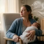Mother experiencing postpartum OCD with intrusive thoughts while holding newborn baby in dimly lit room