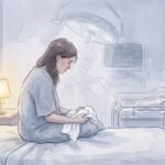 A new mother sitting alone on a hospital bed showing emotional withdrawal and signs of postpartum PTSD after a traumatic birth experience