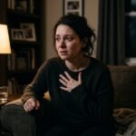 A distressed new mother experiencing a postpartum panic attack alone at night while pressing her hand against her racing heart