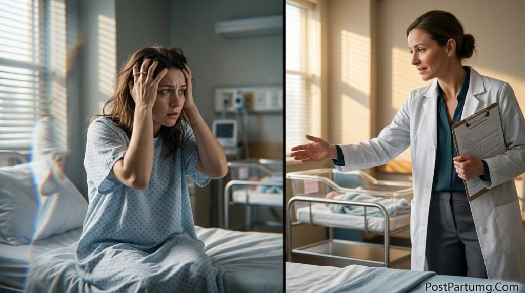New mother experiencing postpartum psychosis symptoms showing confusion and distress while medical professional reaches out supportively in dimly lit room