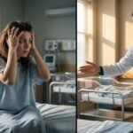 New mother experiencing postpartum psychosis symptoms showing confusion and distress while medical professional reaches out supportively in dimly lit room