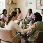 Diverse mothers sitting in supportive circle at local postpartum depression support group meeting