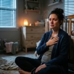 Mother experiencing postpartum depression at night in nursery