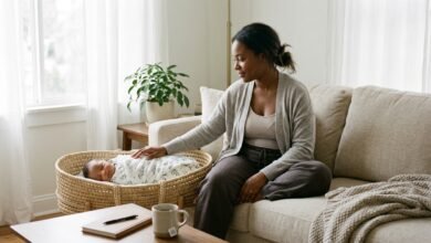 New mother resting peacefully beside her sleeping baby near a sunlit window, representing hope and professional support for perinatal mood and anxiety disorders