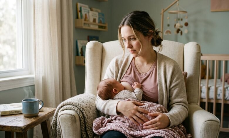 A mother breastfeeding her baby with a reflective emotional expression representing what does DMER mean and the hidden sadness some mothers feel during nursing