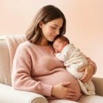 Mother holding her pregnant belly and newborn baby representing the perinatal period around the time of birth