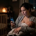 A new mother using a free postpartum depression test on her phone while holding her baby in a nursery.