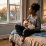 New mother experiencing maternal mental health crisis sitting thoughtfully with sleeping baby in bedroom - recognizing warning signs after childbirth