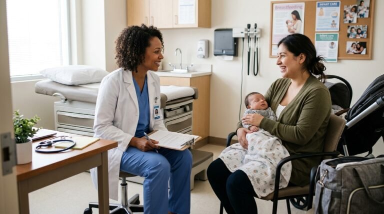 6 week postpartum checkup — doctor speaking with new mother in clinic