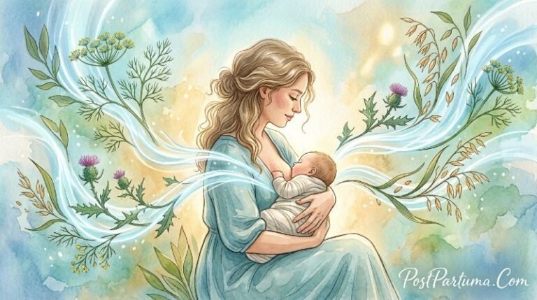 Young mother holding baby with flowing milk streams and botanical elements representing increased milk supply